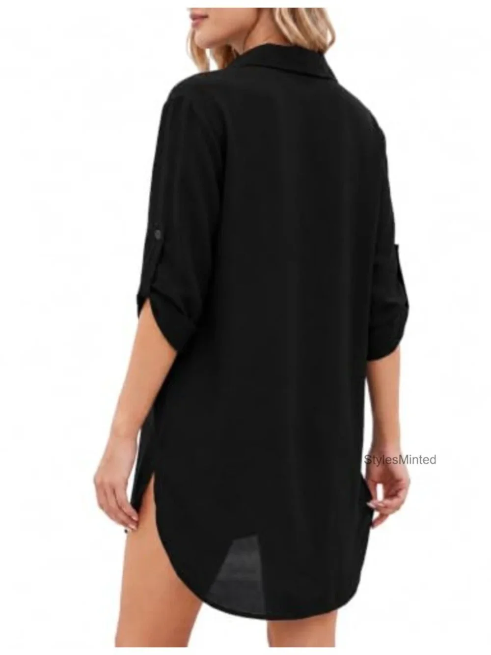 Swimsuit Cover Up Dress, V-Neck 3/4 Sleeve, Asymmetrical Hem